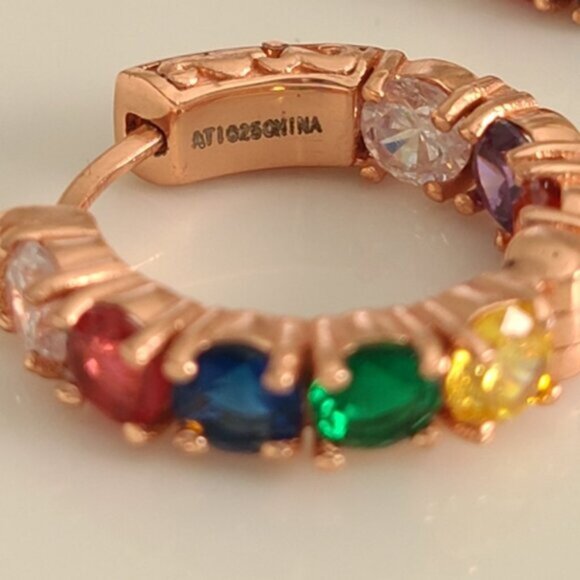Gorgeous Vintage Rose Gold Rainbow Gemstone Crystal Hoop Earrings Multicolour - Picture 4 of 12